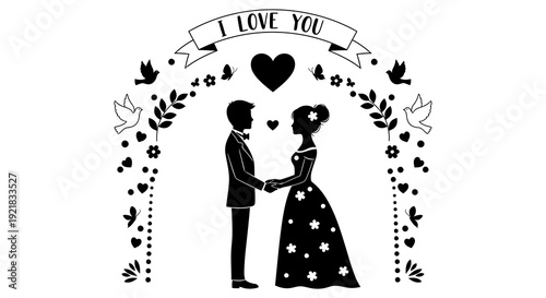 A silhouetted couple stands beneath a banner reading i love you surrounded by floral and avian motifs