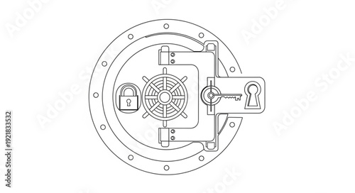 Detailed blueprint illustration of a circular vault door mechanism.