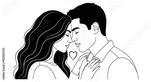 A black and white illustration depicts a couple embracing in a tender loving moment high quality