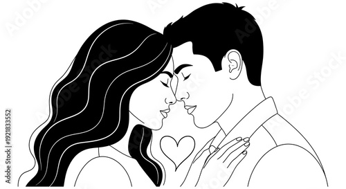 A black and white illustration depicts a couple embracing in a tender romantic kiss high quality