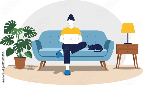 Woman Working on Laptop at Home Sofa with Cat Vector Illustration