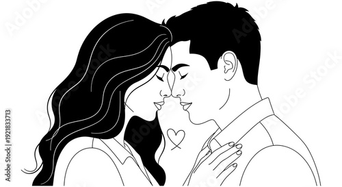 A black and white illustration depicts a couple intimately embracing and about to kiss high quality