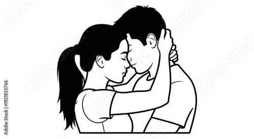 A black and white illustration depicts a couple embracing in a tender intimate moment high quality