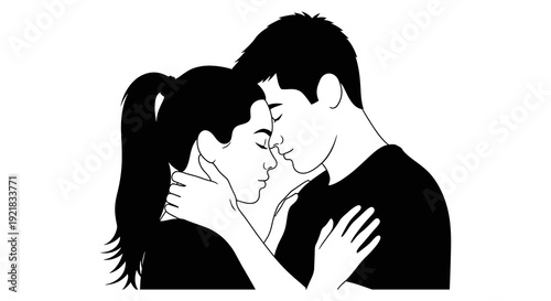 A black and white illustration depicts a couple intimately embracing and about to kiss high quality professional detailed