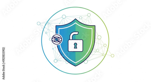 Digital Security Shield with Open Padlock and Eye Icon.