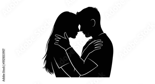 A silhouetted couple embraces intimately their faces nearly touching in a tender moment high quality professional