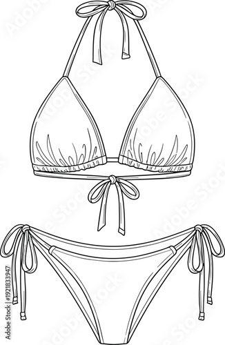 Women bikini swimwear set outline drawing, hand drawn summer beach fashion flat vector illustration isolated on white background