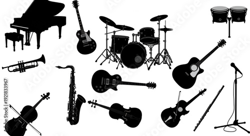 Collection of musical instruments silhouettes on white background.