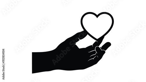 A hand gently offering a heart shape simple black silhouette