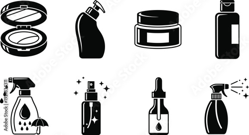 Cosmetic and cleaning product silhouettes icon set featuring compact powder, lotion bottle, cream jar, perfume spray, dropper and disinfectant for beauty and hygiene design