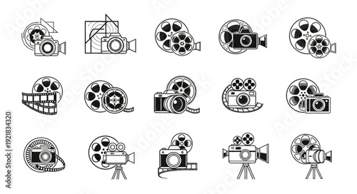 Collection of vintage film reels and cameras in sketch style.