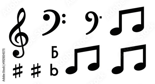 Collection of musical symbols and notes on white background.