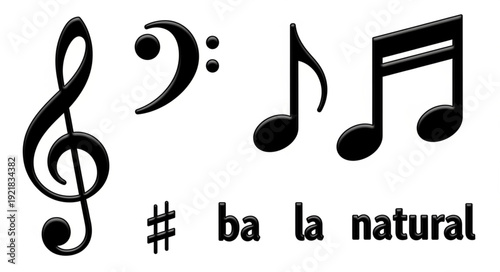 Musical notes and symbols on a white background.