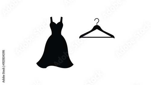 Elegant evening gown and hanger depicted in a dark silhouette