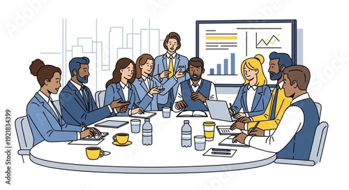 Diverse business team in a meeting around a conference table.