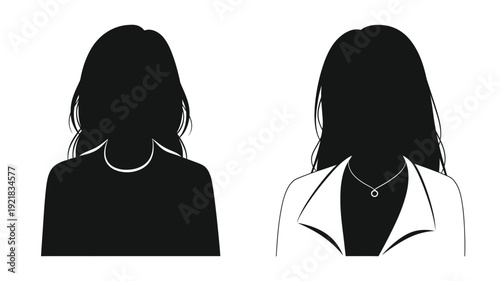 Two female profile silhouettes displaying different hairstyles and attire silhouette