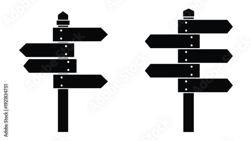 Directional signs with multiple arrows point various ways silhouette