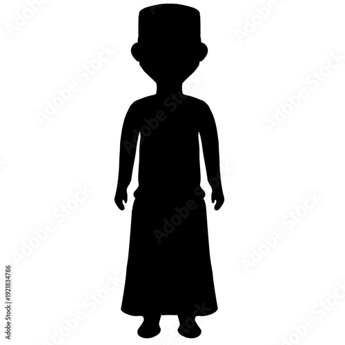 A boy wearing traditional Muslim clothing and a cap, standing upright. Minimalist Islamic character illustration suitable for Eid, Ramadan, culture, and educational graphics.