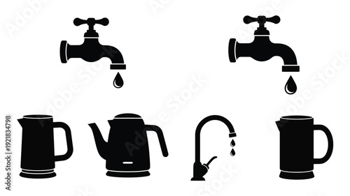 Black silhouettes of faucets kettles and a teapot arrangement silhouette