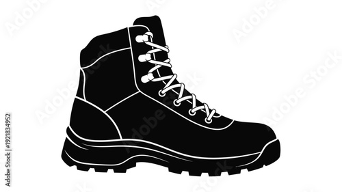 A black and white illustration of a hiking boot silhouette