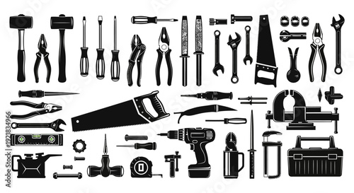 A collection of various black silhouette hand tools arranged on a white background high quality professional