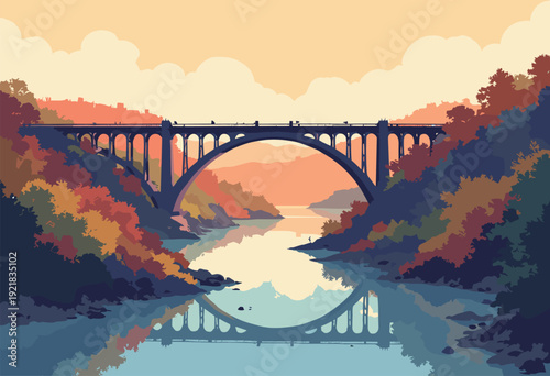 Ironbridge Gorge worlds first iron bridge arching over river Industrial revolution aesthetic warm tones