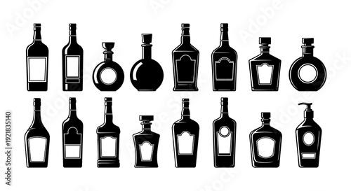 A collection of various black silhouette bottles and a pump dispenser arranged in two rows