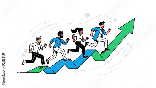 Diverse group of people running up a green upward trending arrow graph.