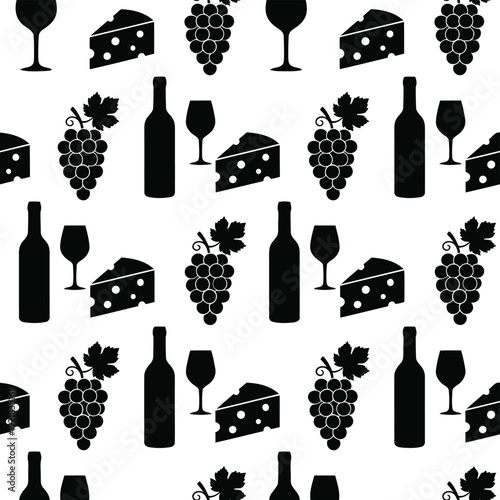 Seamless Wine and Cheese Silhouette Pattern - Elegant Dining Vector Background