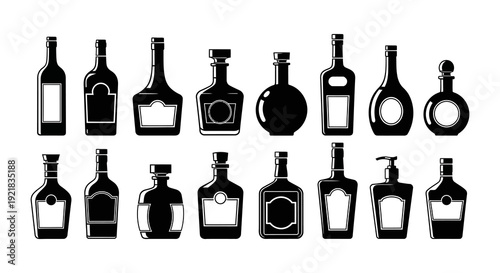 A collection of various black silhouette bottle shapes arranged in two horizontal rows high quality professional
