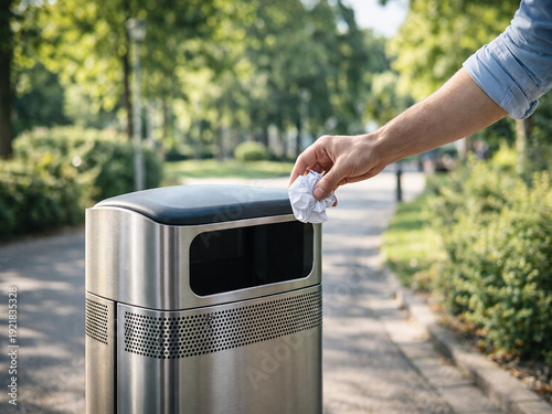 Throwing Trash into Recycling Bin in City Park for Environmental Awareness Campaigns