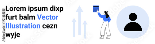 Business growth, user profile management, data analytics, identity verification, upward trends, digital progress. A person holding a square object, arrows pointing upward silhouette icon. Business
