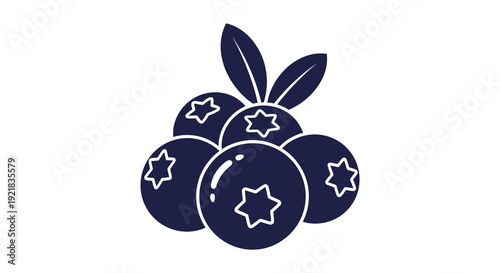 A simple dark blue illustration depicts a cluster of blueberries with star shaped indentations high quality professional