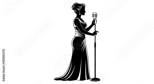 A vintage silhouette of a woman singing into a classic microphone on a white background
