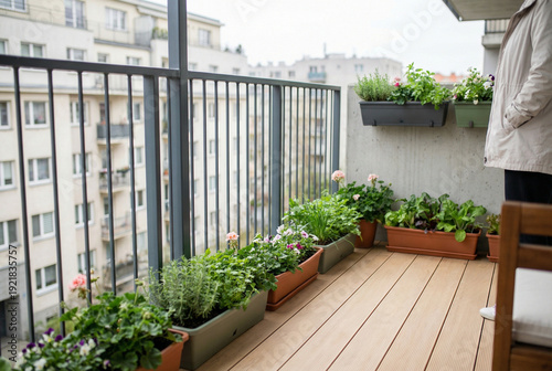 Urban balcony garden with containers of herbs, flowers and leafy vegetables against city apartment buildings, partial person standing