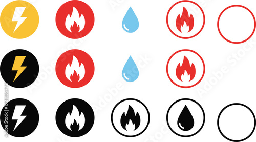 Energy element icons set featuring electricity lightning, fire flame, and water drop symbols, colorful flat design illustration for utility, hazard, and safety concepts