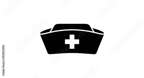 A simple black silhouette of a traditional nurse s cap with a white medical cross emblem