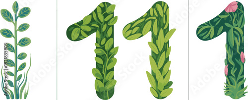 Artistic of the number eleven formed by lush green leaves and branches with a single pink flower accent