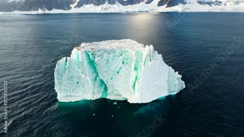 Iceberg floating in calm ocean waters with glacial formations and snow-capped mountains in the background, showcasing the beauty of polar landscapes