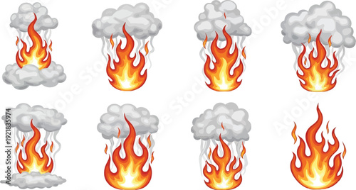 Set of cartoon fire and smoke elements on transparent background