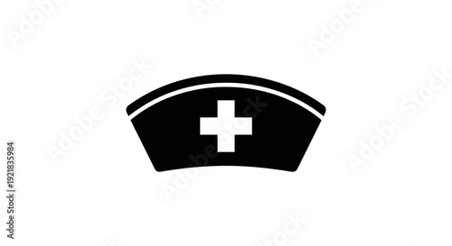 A simple black and white icon depicting a traditional nurse s cap with a central medical cross