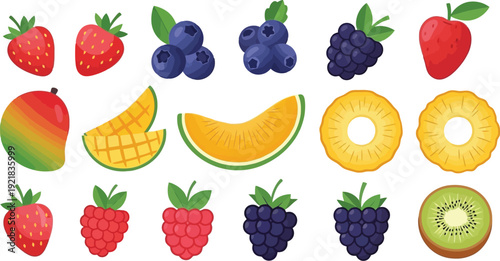 Assortment of fresh fruits including strawberries blueberries blackberries pineapple mango melon and kiwi