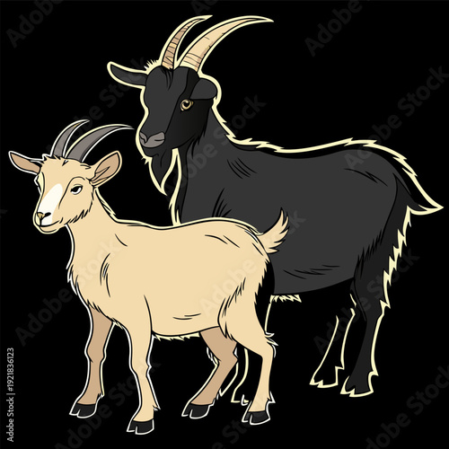 Two goats, one black and one light brown, are positioned together in a studio setting. The black goat is larger and slightly behind the brown goat, which is positioned slightly in front of it. Both go