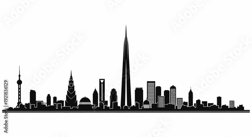 A striking black silhouette of a modern city skyline reflected in water below high quality professional