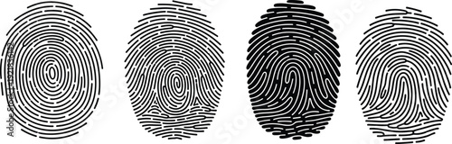 Fingerprint icons set in outline and solid styles, black biometric identification symbols isolated on white background for security, forensic, and authentication concepts