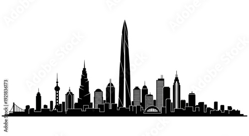 A striking black silhouette of a modern city skyline with a prominent central tower high quality