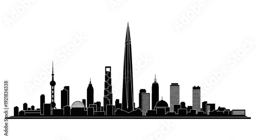 A striking black silhouette depicts a modern city skyline with towering skyscrapers and reflections high quality