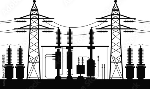 Electric power substation with high voltage transmission towers, electrical infrastructure, power grid network, energy distribution system, utility engineering design