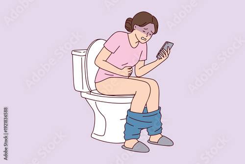 Girl sitting on toilet with smartphone suffering from hemorrhoids, constipation, or cystitis. Concept of sedentary lifestyle and digestive issues caused by long sitting.