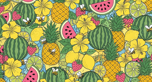Colorful tropical fruits and flowers seamless pattern with bees and strawberries